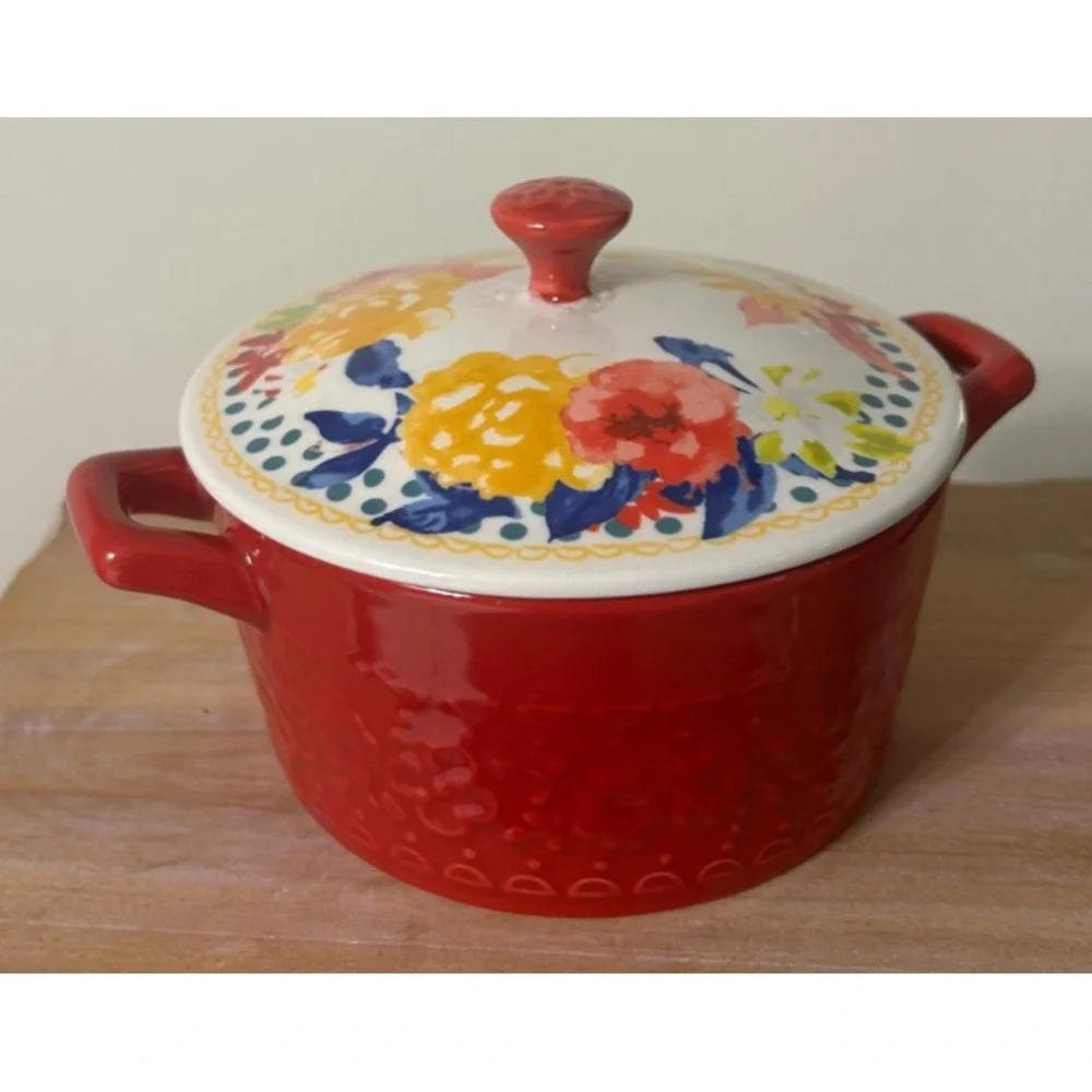 Pioneer Woman Fiona Floral Mini Casserole Dish w/Lid Red 14.4 oz Stoneware